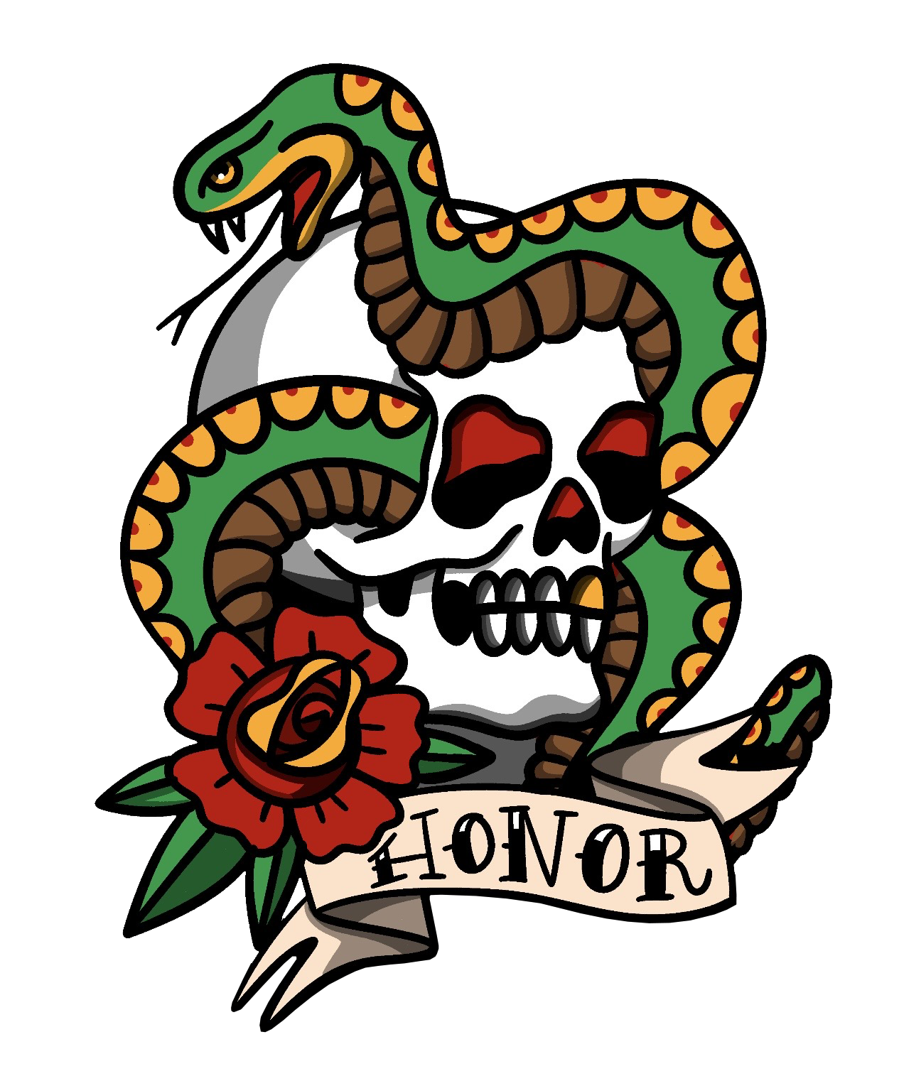 Tattoo-style snake wrapped around a skull, flower, and Honor banner