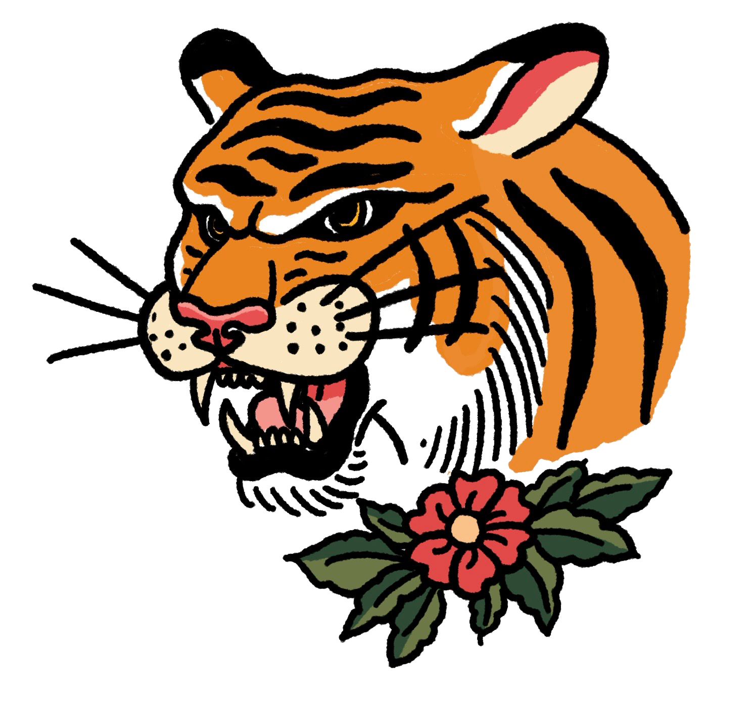 Traditional tattoo-style tiger with a red flower